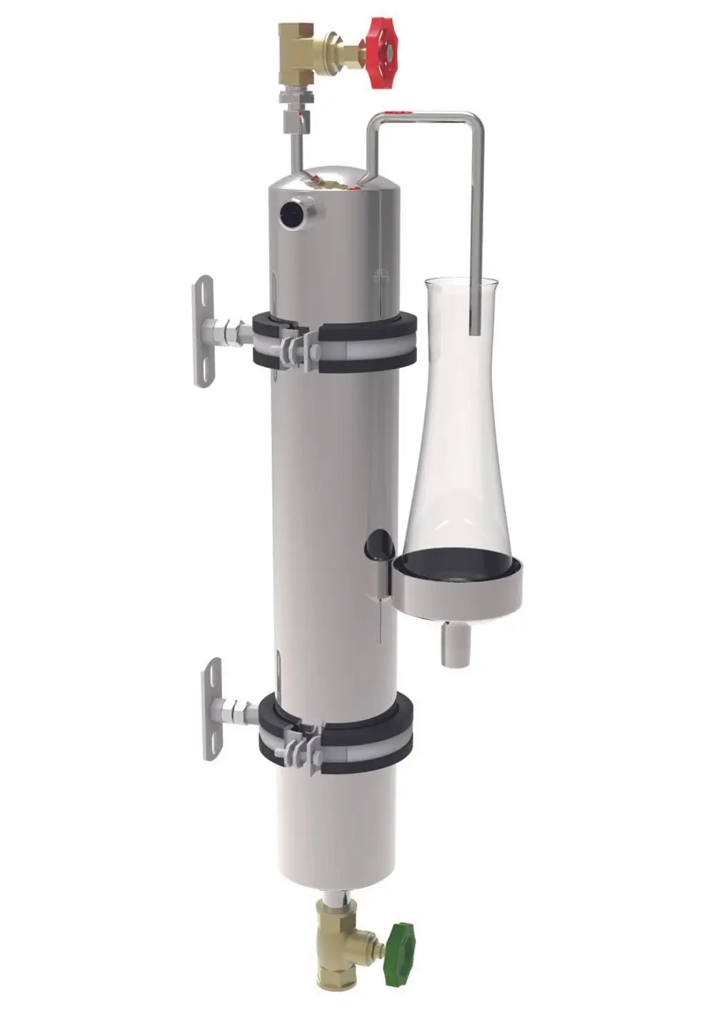 Edelstahlkühler mit Verbindungsrohren, Ventil und Glaskolben. Produkt von Judo zur Wasserprobenkühlung, montierbar an Wand oder anderen Oberflächen.